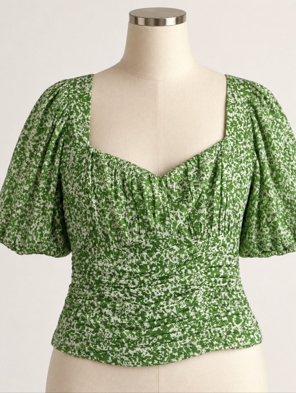 Abercrombie & Fitch Green Floral Ruched Puff Sleeve Sweetheart Neck Crop Top XL